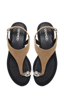 Woman Beige Buckled Toe-Post Suede Sandal | Derimod Woman Beige Buckled Toe-Post Suede Sandal | Derimod