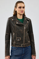 Uptown Women's Brown Vintage Leather Jacket | Derimod Uptown Women's Brown Vintage Leather Jacket | Derimod