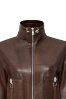 Edwina Women's Brown Leather Jacket with Removable Sleeves | Derimod Edwina Women's Brown Leather Jacket with Removable Sleeves | Derimod