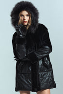 Virginia Women's Black Hooded Long Teddy Coat | Derimod Virginia Women's Black Hooded Long Teddy Coat | Derimod