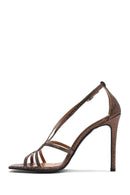 Women's Bronze Ankle Strap Patterned High Thin Heel Leather Shoes | Derimod Women's Bronze Ankle Strap Patterned High Thin Heel Leather Shoes | Derimod