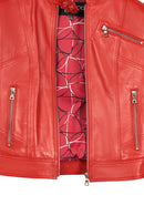 Kylie Woman Red Stand Collar Short Leather Jacket | Derimod Kylie Woman Red Stand Collar Short Leather Jacket | Derimod
