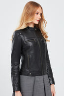 Vicky Women's Black Short Leather Jacket | Derimod Vicky Women's Black Short Leather Jacket | Derimod