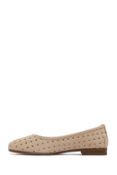 Women's Beige Patterned Suede Leather Ballet Flats | Derimod Women's Beige Patterned Suede Leather Ballet Flats | Derimod