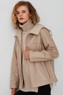 Roma Women's Beige Hooded Double-Sided Oversize Leather Jacket | Derimod Roma Women's Beige Hooded Double-Sided Oversize Leather Jacket | Derimod