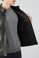 Jefferson Men's Black Stand Collar Slim-Fit Leather Jacket | Derimod Jefferson Men's Black Stand Collar Slim-Fit Leather Jacket | Derimod