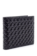 Men's Black Leather Knitted Pattern Wallet | Derimod Men's Black Leather Knitted Pattern Wallet | Derimod