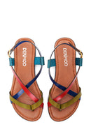 Women's Multicolored Leather Flip Flops Flat Bodrum Sandals | Derimod Women's Multicolored Leather Flip Flops Flat Bodrum Sandals | Derimod
