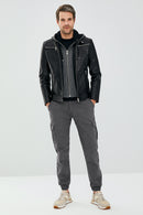 Danger Black Men's Hooded Sports Leather Jacket | Derimod Danger Black Men's Hooded Sports Leather Jacket | Derimod