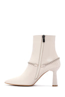 Women's Beige Leather Zippered Chain Heeled Classic Boots | Derimod Women's Beige Leather Zippered Chain Heeled Classic Boots | Derimod