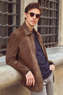 Salah Men's Tan Shirt Collar Suede Leather Jacket | Derimod Salah Men's Tan Shirt Collar Suede Leather Jacket | Derimod