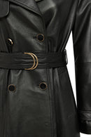 Jenny Women's Black Fur Belt Detailed Leather Trench Coat | Derimod Jenny Women's Black Fur Belt Detailed Leather Trench Coat | Derimod