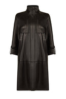 Adele Woman Black A-Line Hooded Fur Collar Leather Overcoat | Derimod Adele Woman Black A-Line Hooded Fur Collar Leather Overcoat | Derimod