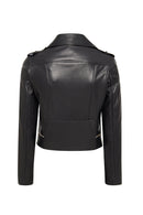 Eliza Women's Black Biker Short Leather Jacket | Derimod Eliza Women's Black Biker Short Leather Jacket | Derimod