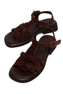 Woman Brown Ankle-Buckle Suede Leather Sandals | Derimod Woman Brown Ankle-Buckle Suede Leather Sandals | Derimod