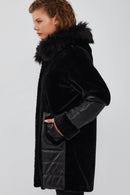 Virginia Women's Black Hooded Long Teddy Coat | Derimod Virginia Women's Black Hooded Long Teddy Coat | Derimod