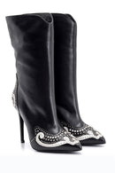 Women's Stone and Stud Detailed Leather Boots | Derimod Women's Stone and Stud Detailed Leather Boots | Derimod