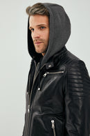 Danger Black Men's Hooded Sports Leather Jacket | Derimod Danger Black Men's Hooded Sports Leather Jacket | Derimod
