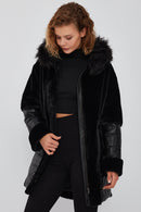 Virginia Women's Black Hooded Long Teddy Coat | Derimod Virginia Women's Black Hooded Long Teddy Coat | Derimod