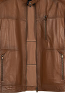 Frank Male Brown Mandarin Collar Leather Jacket | Derimod Frank Male Brown Mandarin Collar Leather Jacket | Derimod