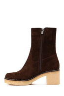 Women's Brown Zippered Thick Heeled Suede Leather Boot | Derimod Women's Brown Zippered Thick Heeled Suede Leather Boot | Derimod