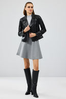 Monaco Women's Black Biker Leather Jacket | Derimod Monaco Women's Black Biker Leather Jacket | Derimod