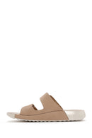 Women's Beige Double-Strap Nubuck Leather Comfort Slippers | Derimod Women's Beige Double-Strap Nubuck Leather Comfort Slippers | Derimod