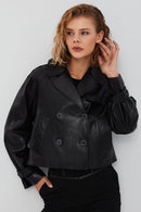 Tracy Women's Black Oversize Short Leather Coat | Derimod Tracy Women's Black Oversize Short Leather Coat | Derimod