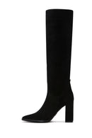 Kadın Siyah Süet Deri Topuklu Çizme | Derimod Kadın Siyah Süet Deri Topuklu Çizme | Derimod