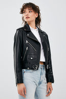 Newage Women's Black Slim-Fit Biker Leather Jacket | Derimod Newage Women's Black Slim-Fit Biker Leather Jacket | Derimod