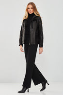 Tyler Women's Black Oversize Double Collar Hooded Leather Coat | Derimod Tyler Women's Black Oversize Double Collar Hooded Leather Coat | Derimod