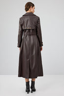 Jenny -X Women's Brown Belt Detailed Leather Trench Coat | Derimod Jenny -X Women's Brown Belt Detailed Leather Trench Coat | Derimod