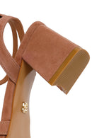 Woman Mink Ankle-Buckle Chunky-Heel Suede Leather Sandals | Derimod Woman Mink Ankle-Buckle Chunky-Heel Suede Leather Sandals | Derimod