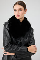 Christina Women's Black Fur Long Leather Coat | Derimod Christina Women's Black Fur Long Leather Coat | Derimod