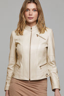 Donna Women's Beige Short Leather Jacket | Derimod Donna Women's Beige Short Leather Jacket | Derimod