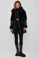Virginia Women's Black Hooded Long Teddy Coat | Derimod Virginia Women's Black Hooded Long Teddy Coat | Derimod