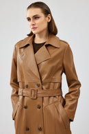 Natalia Women's Brown Leather Trench Coat | Derimod Natalia Women's Brown Leather Trench Coat | Derimod