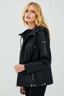 Judith Women's Black Hooded Leather Coat | Derimod Judith Women's Black Hooded Leather Coat | Derimod