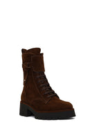 Women's Brown Zippered Thick-Soled Suede Leather Combat Boot | Derimod Women's Brown Zippered Thick-Soled Suede Leather Combat Boot | Derimod