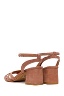 Woman Mink Ankle-Buckle Chunky-Heel Suede Leather Sandals | Derimod Woman Mink Ankle-Buckle Chunky-Heel Suede Leather Sandals | Derimod