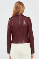 London Women's Burgundy Biker Leather Jacket | Derimod London Women's Burgundy Biker Leather Jacket | Derimod