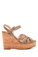 Women's Beige Suede Leather Wedge Heel Sandals | Derimod Women's Beige Suede Leather Wedge Heel Sandals | Derimod