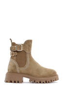 Women's Tan Suede Leather Buckle Zippered Boots | Derimod Women's Tan Suede Leather Buckle Zippered Boots | Derimod