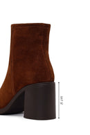 Woman Walnut Zip Closure Chunky Heeled Suede Boots | Derimod