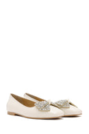 Women's Cream Stoned Leather Ballerina | Derimod