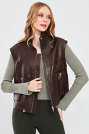 Edwina Women's Brown Leather Jacket with Removable Sleeves | Derimod