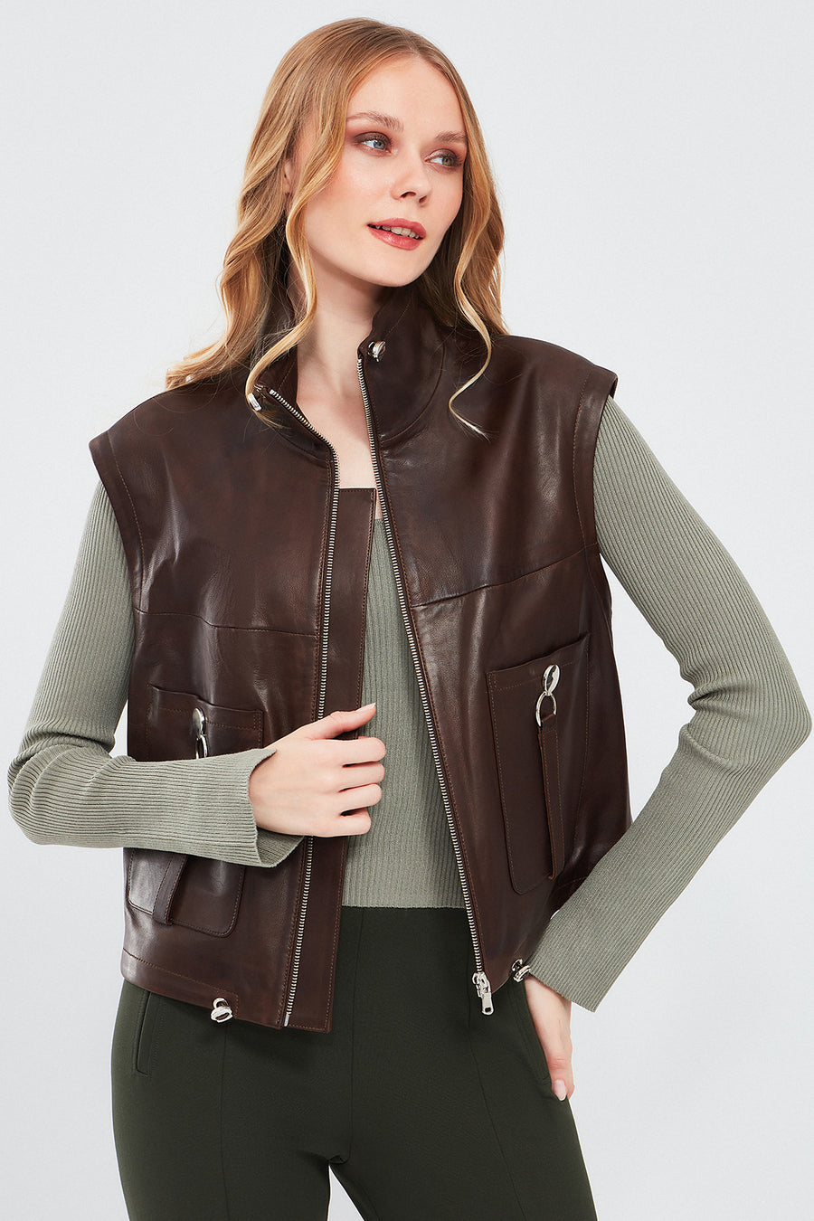 Edwina Women's Brown Leather Jacket with Removable Sleeves