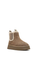 Woman Mink Thick-Soled Patterned Suede Teddy Boots | Derimod