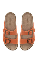 Woman Orange Double-Buckle Nubuck Leather Slipper | Derimod