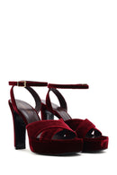 Women's Burgundy Ankle Buckle Platform High Thick Heel Velvet Sandals | Derimod